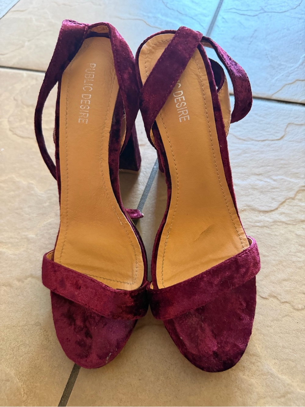 Public Desire Wine Velvet Block Heel Sandals